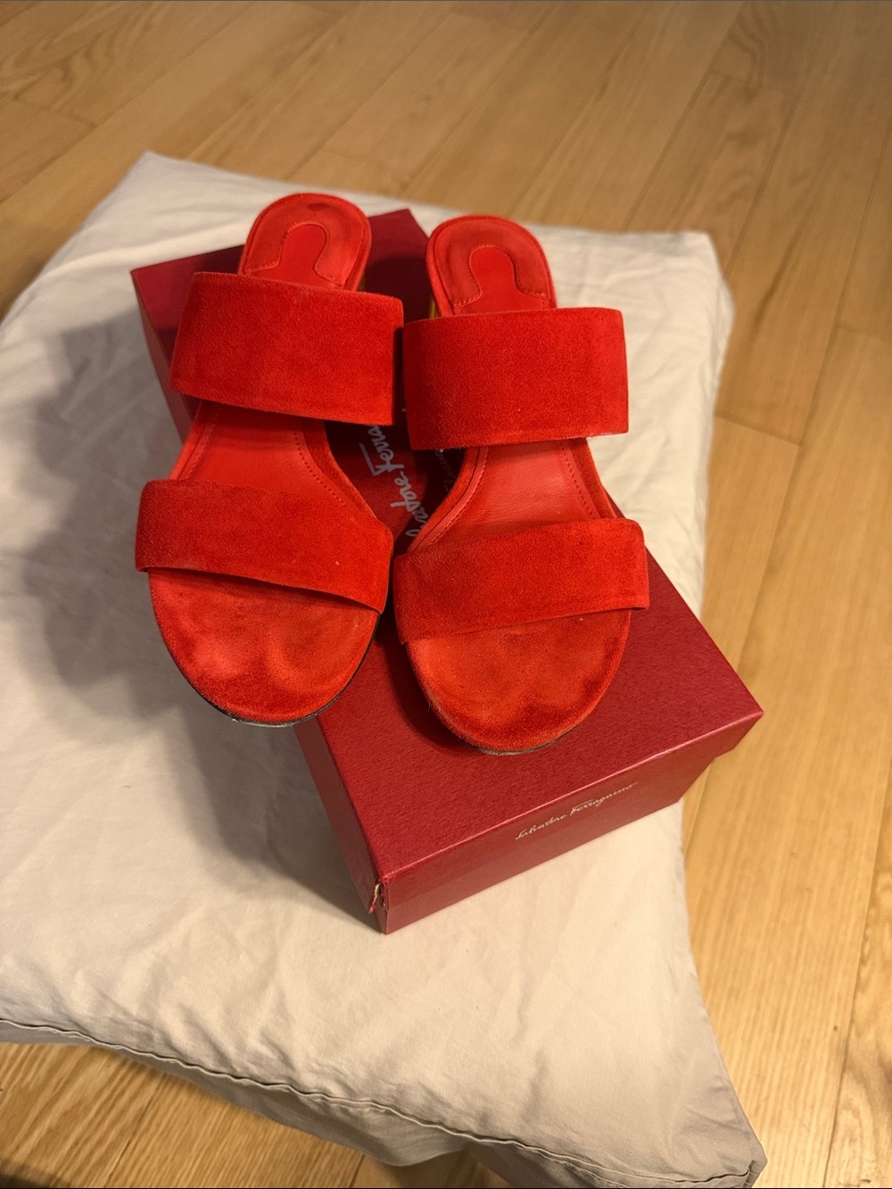 Salvatore Ferragamo Red Suede Double-Band Mules